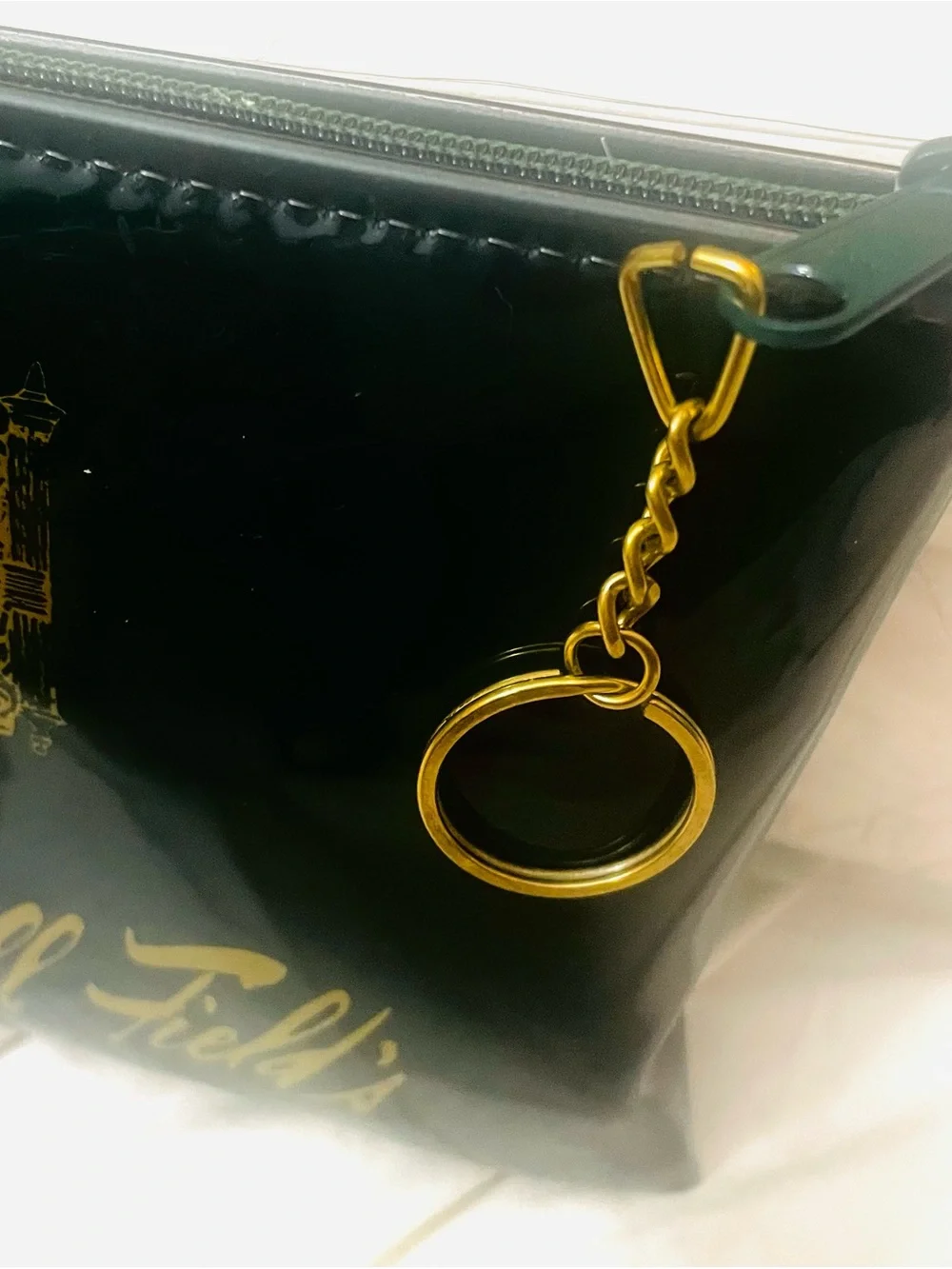 Marshall Field's Black Patent Wristlet with Gold Script